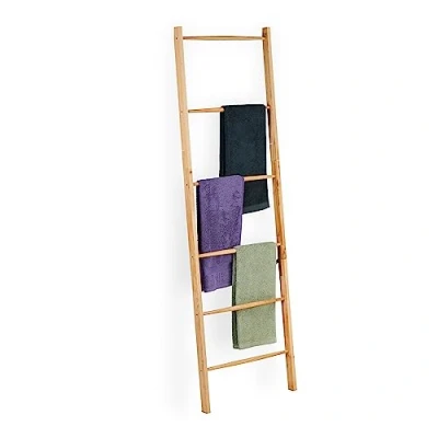 Abbildung von Relaxdays Handtuchleiter Holz, 6 Sprossen, Wäscheleiter Handtücher &amp; Kleidung, HxB 170 x 55 cm, Badezimmer Leiter, Natur