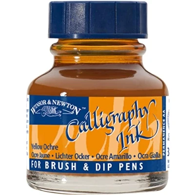 Abbildung von Winsor &amp; Newton 1111744 Kalligraphie Tuschen (für Füllfederhalter oder Schreibfedern, untereinander mischbar, lichtecht, beständige Farbe) 30 ml Flasche gelbocker