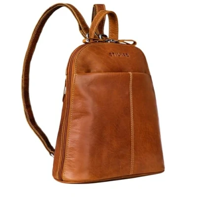 Abbildung von STILORD &#039;Olivia&#039; City Rucksack Damen Leder Daypack kleiner Lederrucksack Rucksackhandtasche zum Ausgehen für 9,7 Zoll iPads und 10,1 Tablets echtes Leder, Farbe:brandy braun