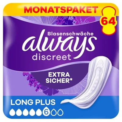 Abbildung von Always Discreet Inkontinenzeinlagen Long Plus, 64 Binden (4 x 16 Stück) Monatspaket, diskreter Schutz &amp; hohe Saugstärke, geruchsneutralisierend (Verpackung kann variieren)