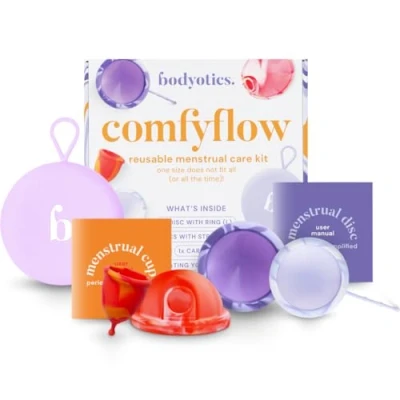 Abbildung von Bodyotics Comfyflow Wiederverwendbares Periodenpflegeset, Menstruationsscheiben mit Strings &amp; Ring, Menstruationstasse Beutel, 5 teiliges Set in verschiedenen Größen