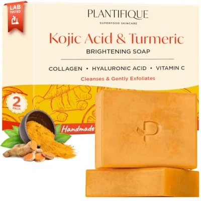 Abbildung von PLANTIFIQUE Kojic Acid Soap, 2 Stück Kojisäure und Kurkuma Seife Für Hyperpigmentierung Dunkle Flecken mit Hyaluronsäure, Kollagen, Vitamin C Turmeric 160g