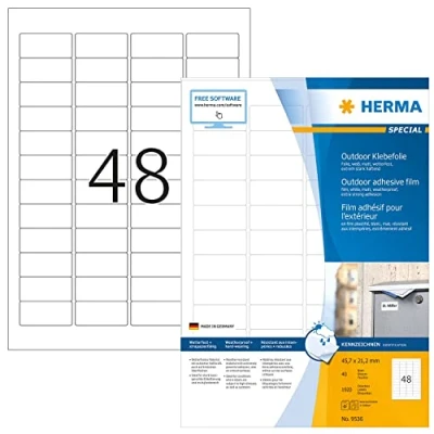 Abbildung von HERMA 9536 Wetterfeste Folienetiketten, 40 Blatt, 45,7 x 21,2 mm, 48 pro A4 Bogen, 1920 Stück, selbstklebend, bedruckbar, matt, blanko Outdoor Klebeetiketten Aufkleber aus Polyethylen, weiß