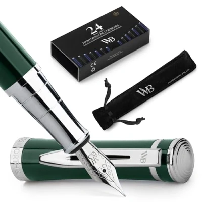 Abbildung von Wordsworth &amp; Black Füllfederhalter Set, mittlere Feder, inkl. 24 Tintenpatronen, Tintennachfüllkonverter und Geschenkbeutel, Chrom Finish, Kalligrafie, [Racing Green], perfekt für Männer Frauen