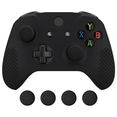 Abbildung von eXtremeRate Silikon Schutzhülle Case für Xbox One S/X Controller, Anti Rutsch Gummi Hülle &amp; 2 Thumbstick Sticks Kappen Aufsätze Controller Schwarz