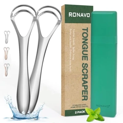 Abbildung von RONAVO Zungenschaber für Erwachsene mit dicker Zungenbeschichtung, Doppelschaberkopf Design Tiefenreinigung, Edelstahl Zungenreiniger, Mundgeruch weg, verbessert die Mundhygiene