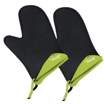 Abbildung von Spring GRIPS Ofenhandschuhe Hitzebeständig Neopren 40 bis 250C rutschfest universelle Größe, 23x15cm Schwarz, Hellgrün Topfhandschuhe Set