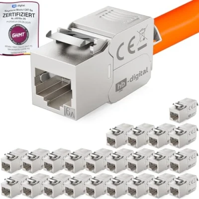 Abbildung von hb digital 24x CAT 6a Keystone Modul Jack GHMT zertifiziertes RJ45 Buchse STP 500MHz 10Gbit/s LSA werkzeuglos Kupplung Netzwerk Einbaubuchse für Patchpanel Ethernet LAN Verlegekabel