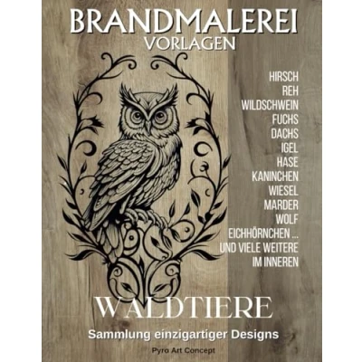 Abbildung von Brandmalerei Vorlagen WALDTIERE: Eine Sammlung einzigartiger Designs für Holzbearbeitungsbegeisterte. Reproduzieren Sie unsere großartigen Illustrationen oder lassen sich von ihnen inspirieren