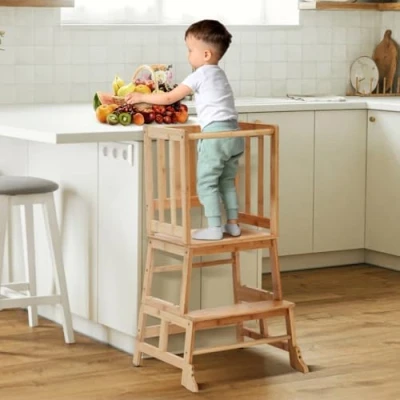 Abbildung von COSYLAND Lernturm ab 18 Monaten Lernstuhl für Kinder aus Bambus mit Kippschutz, rutschfesten Matten, 2 Stufen und Sicherheitsbügel Bad, Kleinkinderzimmer, Küche Bambusfarbe