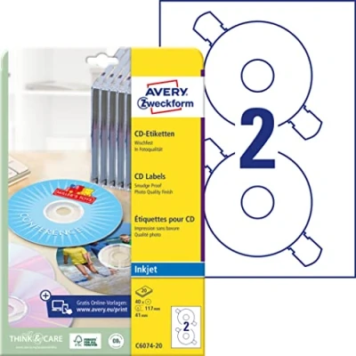 Abbildung von AVERY Zweckform C6074 20 selbstklebende CD Etiketten (40 blickdichte Aufkleber, Ø 117 mm auf A4, ClassicSize, Papier hochglänzend, bedruckbare Klebeetiketten für alle Inkjet Drucker) Blatt, weiß