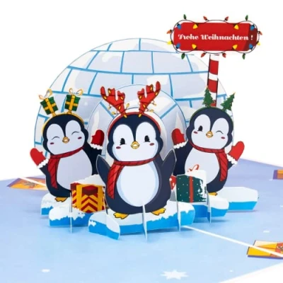 Abbildung von LIMAH® Pop Up 3D Grußkarte/Lustige Weihnachtskarte/X Mas Karte zu Weihnachten/Drei Pinguine Motiv/in Blau
