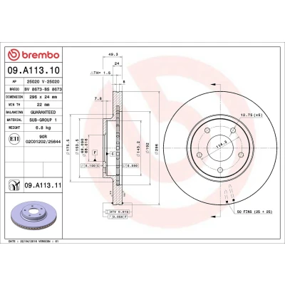 Abbildung von BREMBO COATED DISC LINE 09.A113.11 Bremsscheibe 296 24 5 innenbelüftet beschichtet