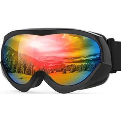 Abbildung von OutdoorMaster Kinder Skibrille Helmkompatible Schneebrille für Jungen &amp; Mädchen mit 100% UV Schutz (schwarzer Rahmen + VLT 14% graue Linse REVO Colourful)