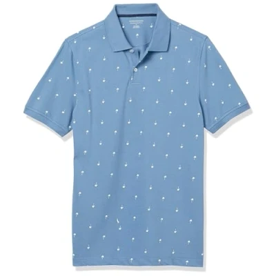 Abbildung von Amazon Essentials Herren Piqué Poloshirt aus Baumwolle, Schmale Passform, Blau Palmenaufdruck, XS