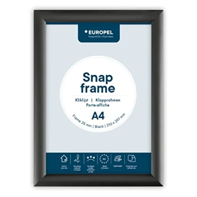 Abbildung von EUROPEL Klapprahmen A4 mit 25 mm Aluminium Profil aufklappbarer Plakatrahmen Gehrungsecke Schnapprahmen für u.a. Poster, Zertifikate, Fotos &amp; Werbemittel Schwarz