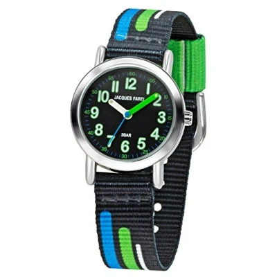 Abbildung von JACQUES FAREL Kinder Armbanduhr Jungen Analog Quarz mit Stoffband Textilband Schwarz Blau Grün KPS 403