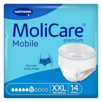 Abbildung von MoliCare premium Mobile 6 Tropfen Größe XXL, Inkontinenzhosen für Frauen und Männer mit mittlerer Inkontinenz, extra Auslaufschutz, fortschrittlicher Hautschutz, verbesserte Passform, 14 Stück