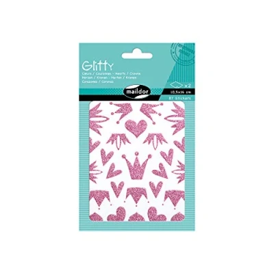Abbildung von Maildor AE073O Glitty Packung Stickers (mit 97 Stickers, 2 Bögen in Format DIN A6, 10, 5 x 16cm, ideal für Kinder ab Jahren, Herzen und Kronen) 1 Pack rosa