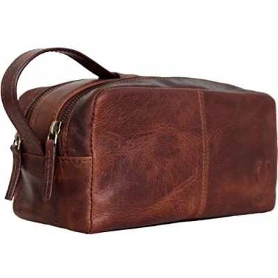 Abbildung von Corno d&#039;Oro Handmade Kulturbeutel Herren Leder mit ausziehbarem Tragegriff I Kulturtasche Damen Echt braun Große Kosmetiktasche für Reise und Reisetasche