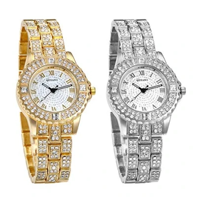 Abbildung von JewelryWe 2pcs Damenuhr Elegant Armbanduhr mit Strass Glitzer Römanische Ziffer Metallarmband Analog Quarz Uhr für Frauen