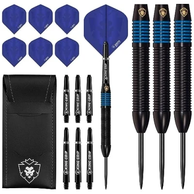 Abbildung von KOTO Kingprove Black &amp; Blue Brass Darts 24 Gramm, Blau, Set inkl. 3 Barrels, Flights + Shafts Dartwallet, Fester Ringgrip, Für den professionellen Einsatz