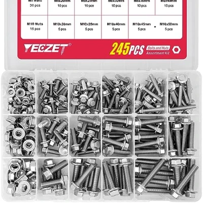 Abbildung von YEEZET 245 Stück M6 M8 M10 Flanschschrauben und Flanschmuttern aus 304 Edelstahl Sechskantschrauben &amp; Muttern Sortiment kit