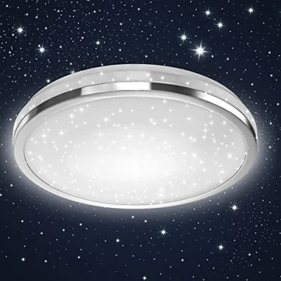 Abbildung von B.K.Licht LED Deckenlampe mit Sternenhimmel, neutralweiße Lichtfarbe, 10 Watt, 900 Lumen, Deckenleuchte, Lampe, Wohnzimmerlampe, Schlafzimmerlampe, Küchenlampe, 21,9x6 cm, Chrom