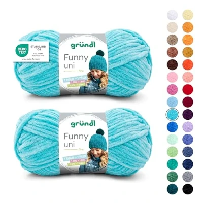 Abbildung von Gründl Wolle Funny uni, weiches Chneillegarn zum Stricken und Häkeln aus 100% Polyester, 2 Knäuel (100 g/ 120 m, Nadelstärke: 5 6), Türkis