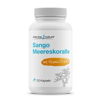 Abbildung von effective nature Sango Meereskoralle + Vitamin D3 &amp; K2 120 Kapseln Mit Calcium Magnesium im optimalen Verhältnis 2:1 hochdosiert vegan Nahrungsergänzung für Knochen Säure Base Haushalt