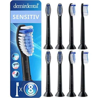 Abbildung von 8er demirdental Sensitive Aufsätze passend für Philips Sonicare Ersatzbürsten, Weiche Bürstenköpfe sensible Zähne, Schwarz, entspricht HX6058b