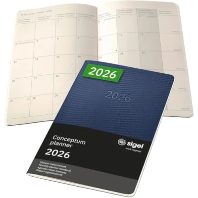 Abbildung von SIGEL C2686 Monats Kalenderheft Monatsplaner 2026, ca. A5, dunkelblau, Softcover, 2 Seiten = 1 Monat, 64 Seiten, Quickpocket, aus nachhaltigem Papier, Conceptum