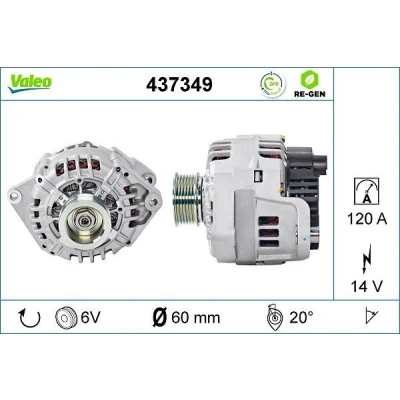 Abbildung von VALEO 437349 Lichtmaschine 14V 120A FIAT: Ducato II Minibus, Platform/Chassis, Van, PEUGEOT: Boxer CITROËN: Relay I Van
