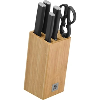 Abbildung von WMF Kineo Messerblock mit Messerset 6teilig, Made in Germany, 4 Messer, Küchenschere, Bambus Block, Performance Cut, Spezialklingenstahl