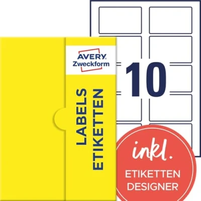 Abbildung von AVERY Zweckform P4785 50 Namensetiketten (500 Namensaufkleber, 80x50mm auf A4, selbstklebend, bedruckbare Textiletiketten aus Acetatseide für Laserdrucker, rückstandsfrei ablösbar) Blatt, weiß