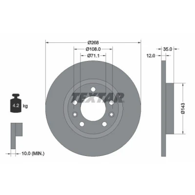 Abbildung von TEXTAR PRO 92268003 Bremsscheibe 268 12 05/07 108 voll beschichtet ohne Radlager, Radbefestigungsbolzen, Radnabe PEUGEOT: 308 I SW, SW 2