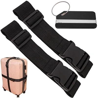 Abbildung von Kofferband Set mit Kofferanhänger, 2 Stk, 200cm Gurtband Schnalle für mehr Sicherheit, Schwarz, Namensschild, Koffergurte Adressschild zum Reisen und Fliegen, Kofferspanngurte, Gurt Koffer