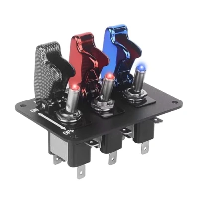 Abbildung von 12V 3 Gruppe Kippschalter Panel für Rennwagen Carbon &amp; Red Blue Racing Auto Schalttafel (Fiber Rot Blau)