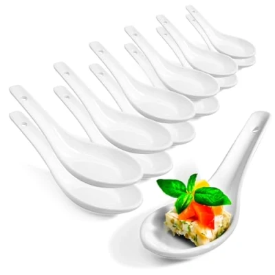 Abbildung von com four® 12x Asiatische Reislöffel, Suppen und Servierlöffel aus weißem Porzellan z.B. für Reisschalen oder Vorspeisen (12 Stück weiß)