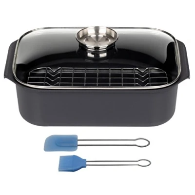 Abbildung von GSW 410908 Gourmet Rechteckbräter mit Grilleinsatz 40x26x11cm / ca. 8,0 Liter inkl. Backpinsel Set 2 teilig, Aluguss, schwarz, 40 cm, 5 Einheiten