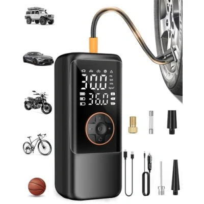 Abbildung von Elektrische Luftpump mit Akku, 150 PSI Luftpumpe für Autoreifen, Tragbar Mini Kompressor Manometer &amp; Doppelt LED Anzeige, 12V DC Fahrradpumpe Autos, Motorräder, Fahrräder und Bälle