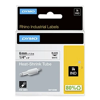 Abbildung von DYMO Rhino Industrie Schrumpfschlauch Kabeletiketten 6 mm, 1,5 m Schwarz auf weiß für Beschriftungsgerät