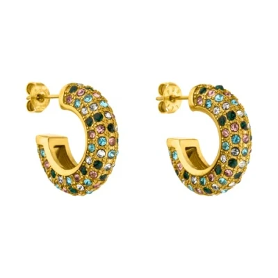 Abbildung von PURELEI® Colorful Glitter Ohrringe (Gold), Damen aus langlebigem Edelstahl 18K vergoldet, Wasserfester Kreolen mit bunten Schmucksteinen, 20 mm Durchmesser (Gold)