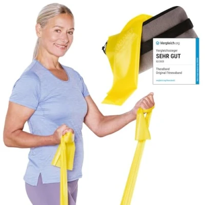 Abbildung von TheraBand 2,50m inkl. Türanker + Tasche gelb Widerstand 1,3kg Terrabänder Gymnastikband Fitnessband Stretchband Heimtraining, Krafttraining, Rückenübungen, Therapie, Reha 100% Naturlatex