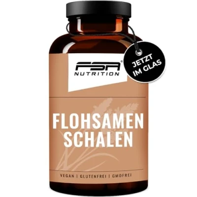 Abbildung von Flohsamenschalen Kapseln Glasdose höchste Dosierung pro Kapsel (1200 mg) 60 Tage Vorrat frei von Zusätzen vegan 180 FSA Nutrition