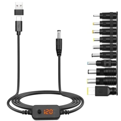 Abbildung von Hoembpn USB C PD zu DC Adapterkabel [5V/9V/12V/15V/20V Einstellbar] mit 10 Steckern + Adapter Kompatibel Laptop, Router, Monitor, Kamera 5.5x2.1mm Stecker 1,2m (60W Power Delivery)