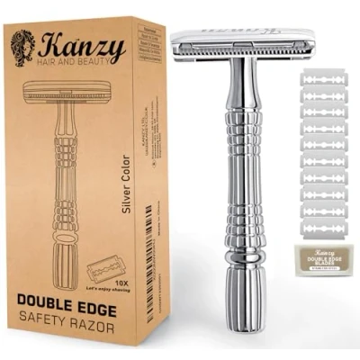 Abbildung von Kanzy Rasierhobel Herren und Damen mit 10 Klingen Edelstahl, Nassrasierer Sicherheitsrasierer arbeitet allen Doppelkante Rasierer Safety Razor Set