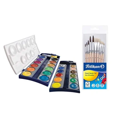 Abbildung von Pelikan Unisex Jugend 720631 K24, 24 Qualitätsfarben und 1 Tube Deckweiß (7,5 ml), nach Din 5023 (Deckfarbkasten + Pinselset 10tlg.), Mehrfarbig, 11 teiliges Set