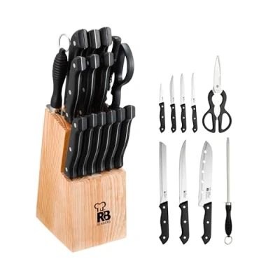 Abbildung von RENBERG Tenessy Küchenmesser 15 teiliges Komplettset mit Holzgriff Perfekt zum Schneiden aller Arten von Zutaten Profiküche Hergestellt aus Edelstahl
