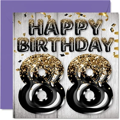 Abbildung von Geburtstagskarte zum 88. Geburtstag für Männer schwarze und goldene Glitzerballons Happy Karten 88 Jahre alten Mann Papa Great Grandad Grandpa Gran, 145 mm x 80 Grußkarten Geschenk